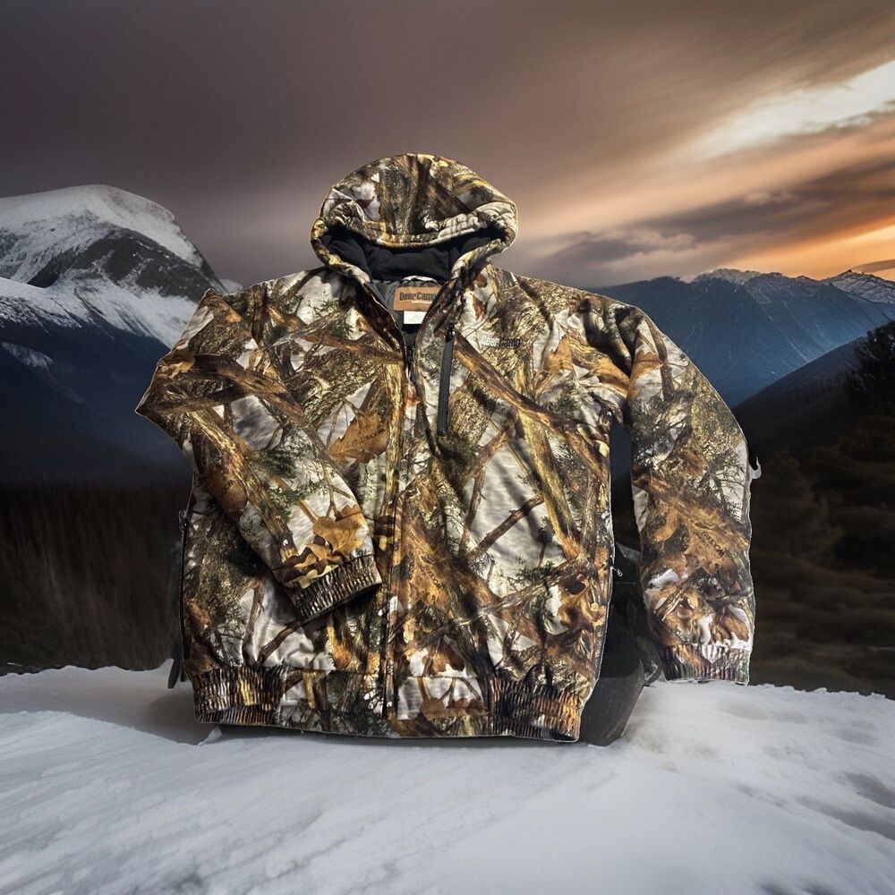 Deer Camp Mens Med Realtree Camo Hooded Bomber Jacket Full Zip Quilted Lining